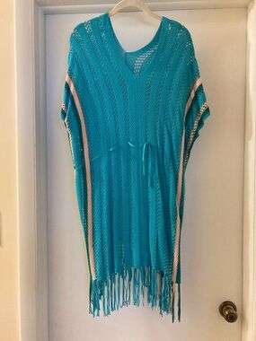 Turquoise Knit Fringe Beach Cover-Up with Stripe Detail